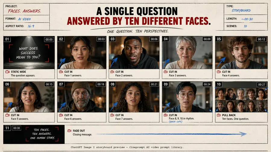 A single question answered by ten different faces.
