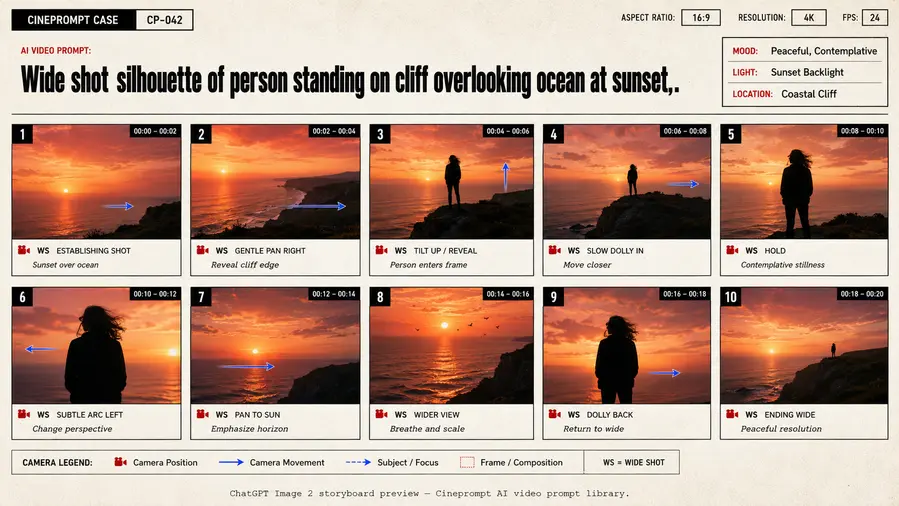 Wide shot silhouette of person standing on cliff overlooking ocean at sunset,.