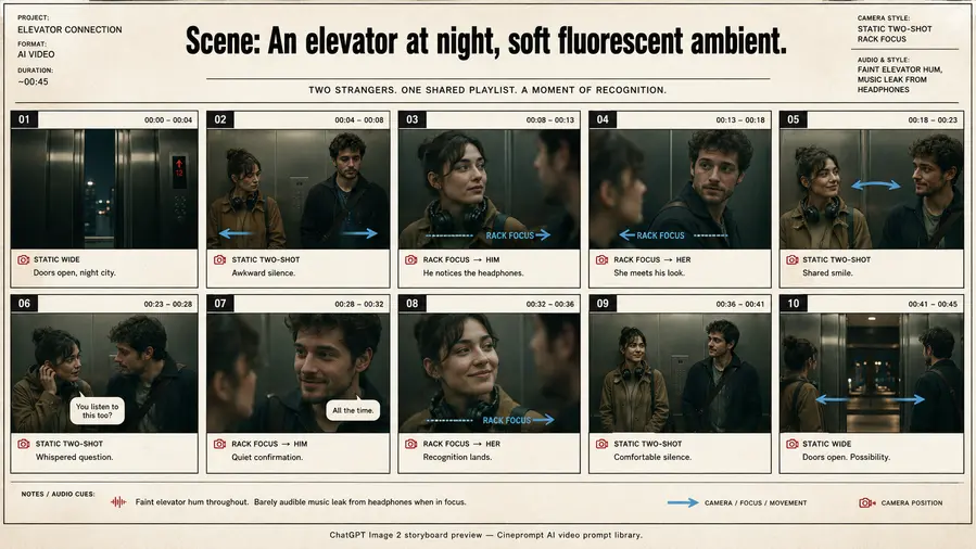 Scene: An elevator at night, soft fluorescent ambient.