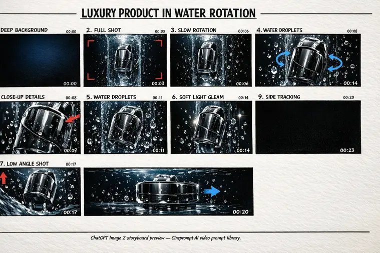 A luxury [product] suspended in a column of crystal-clear water, slowly rotating.
