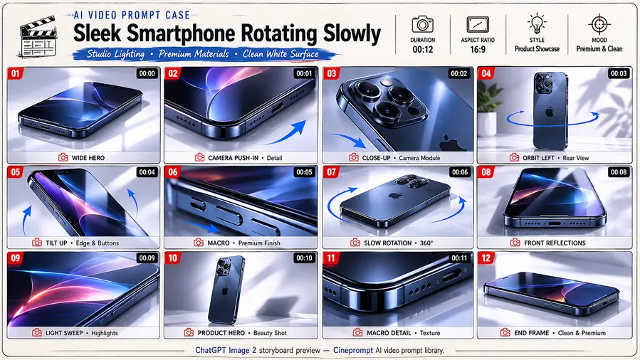 Sleek smartphone rotating slowly on clean white surface, studio lighting highlighting premium.