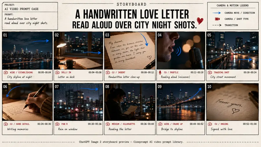 A handwritten love letter read aloud over city night shots.