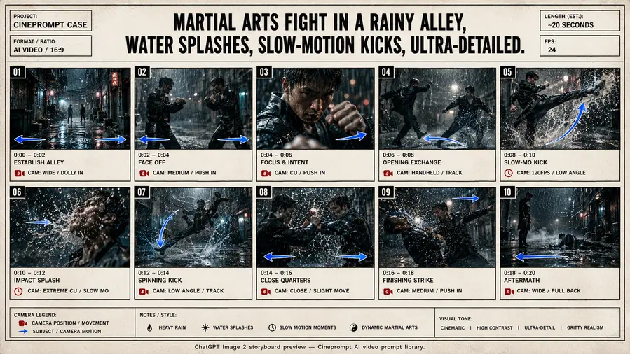Martial arts fight in a rainy alley, water splashes, slow-motion kicks, ultra-detailed.