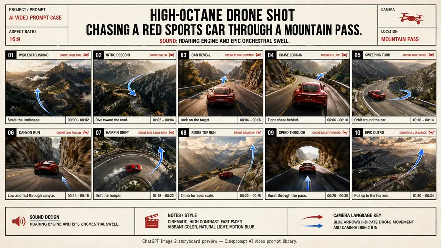 High-octane drone shot chasing a red sports car through a mountain pass.
