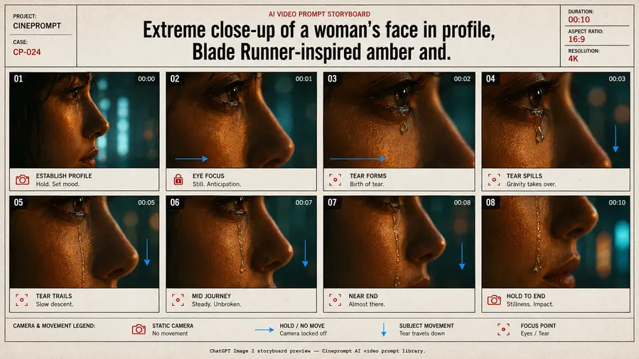 Extreme close-up of a woman's face in profile, Blade Runner-inspired amber and.