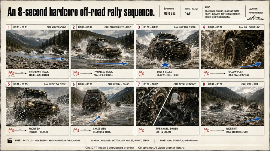 An 8-second hardcore off-road rally sequence.