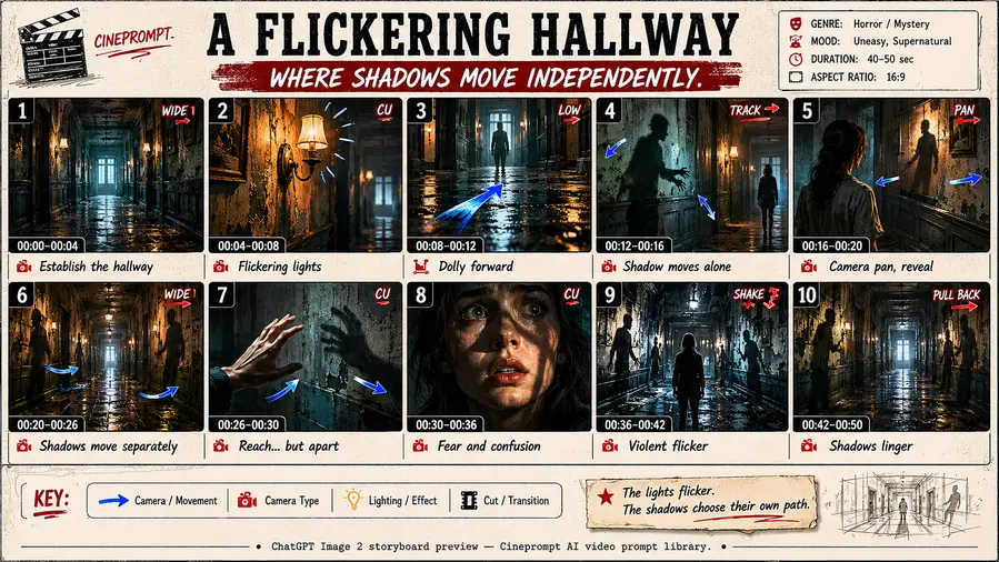 A flickering hallway where shadows move independently.