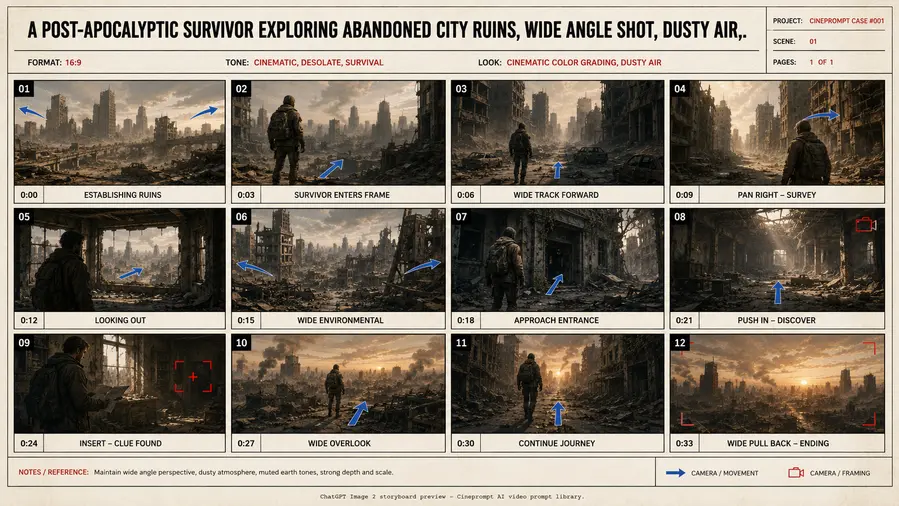 A post-apocalyptic survivor exploring abandoned city ruins, wide angle shot, dusty air,.