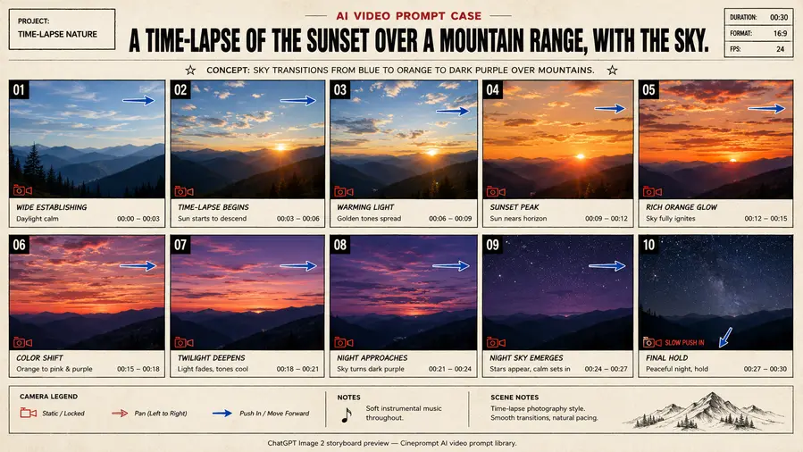 A time-lapse of the sunset over a mountain range, with the sky.