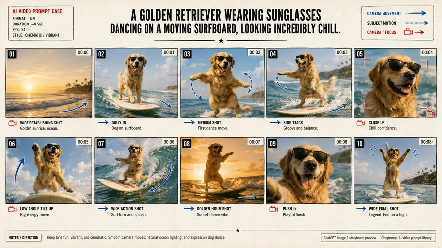 A Golden Retriever wearing sunglasses dancing on a moving surfboard, looking incredibly.