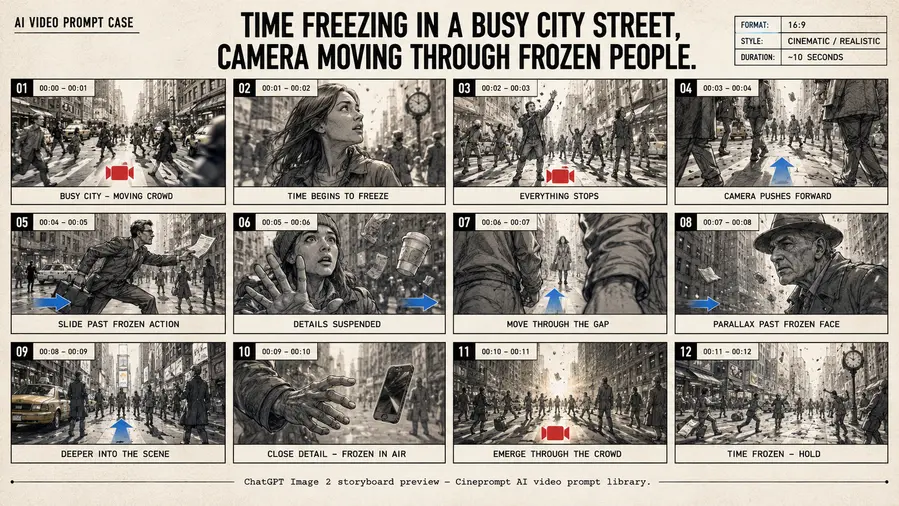 Time freezing in a busy city street, camera moving through frozen people.