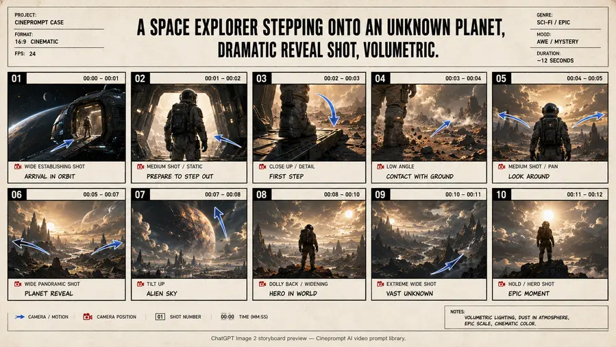 A space explorer stepping onto an unknown planet, dramatic reveal shot, volumetric.