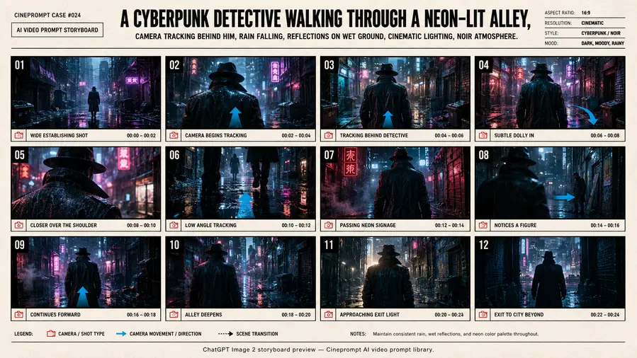A cyberpunk detective walking through a neon-lit alley, camera tracking behind him,.