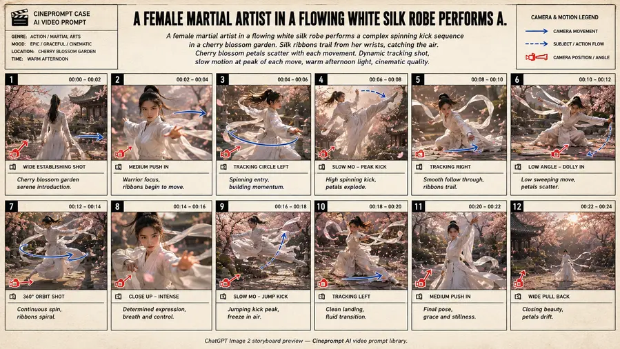 A female martial artist in a flowing white silk robe performs a.