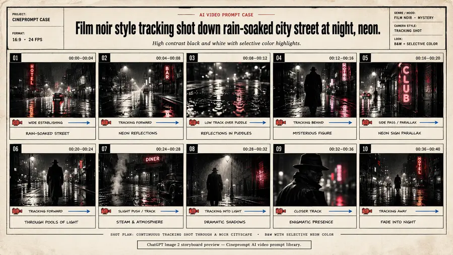 Film noir style tracking shot down rain-soaked city street at night, neon.