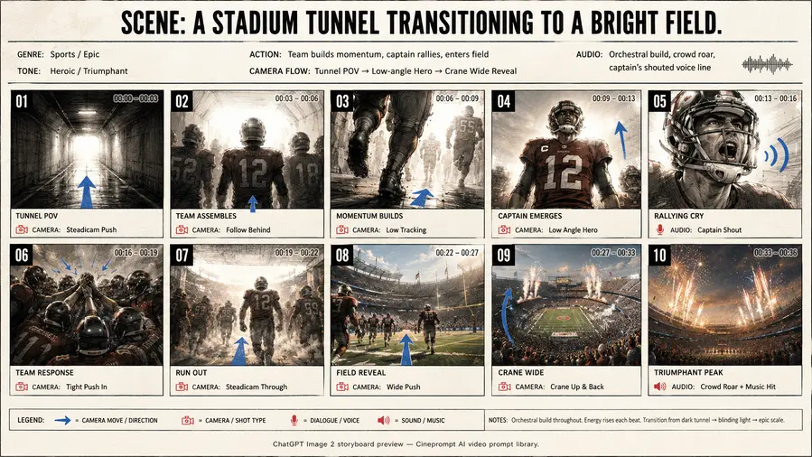 Scene: A stadium tunnel transitioning to a bright field.
