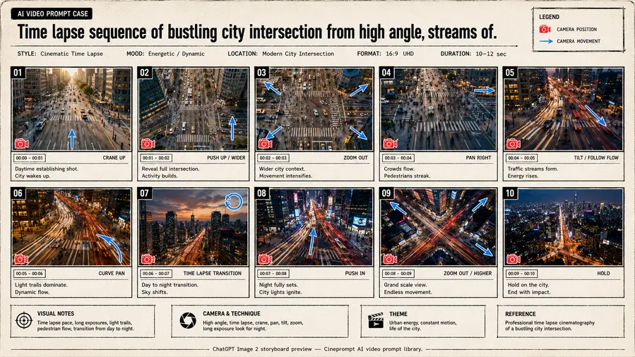 Time lapse sequence of bustling city intersection from high angle, streams of.