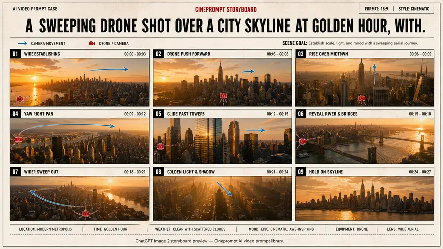 A sweeping drone shot over a city skyline at golden hour, with.