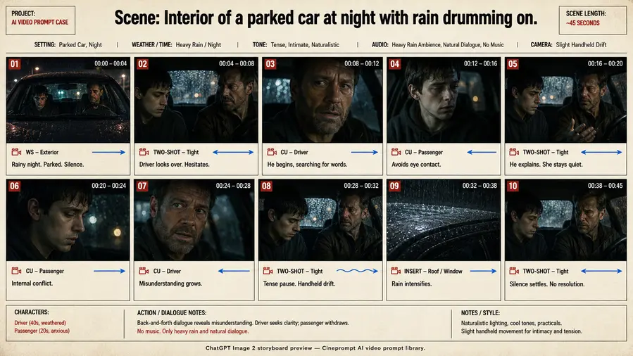 Scene: Interior of a parked car at night with rain drumming on.
