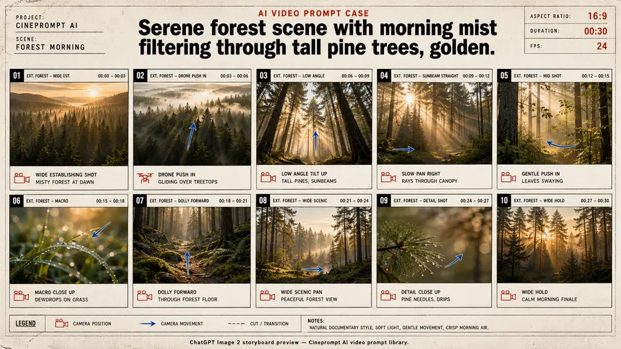 Serene forest scene with morning mist filtering through tall pine trees, golden.