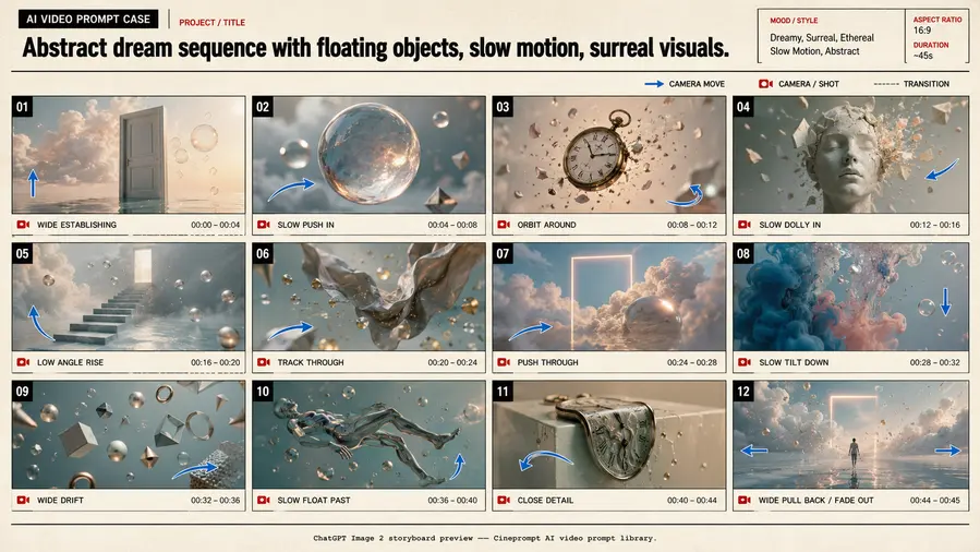 Abstract dream sequence with floating objects, slow motion, surreal visuals.