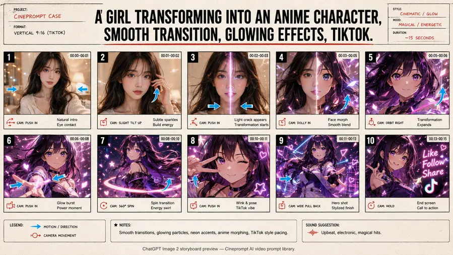 A girl transforming into an anime character, smooth transition, glowing effects, TikTok.