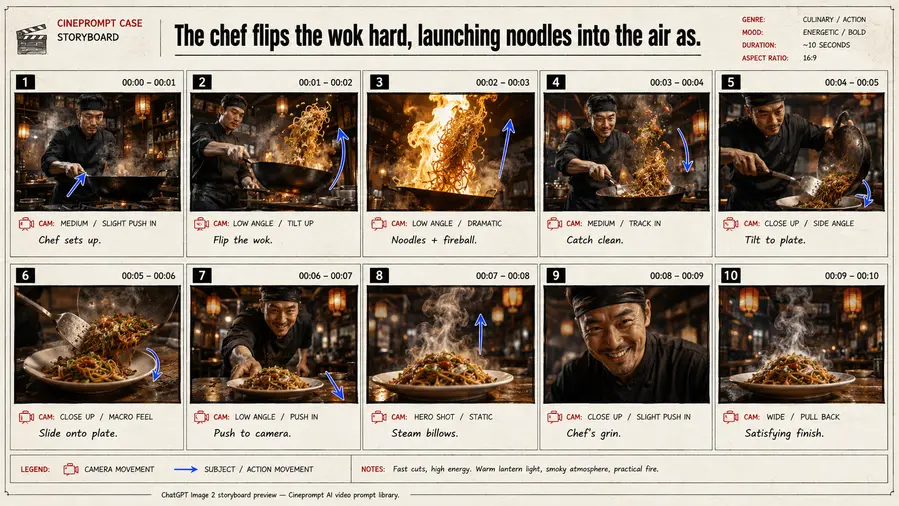 The chef flips the wok hard, launching noodles into the air as.
