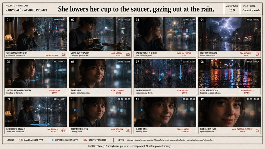 She lowers her cup to the saucer, gazing out at the rain.