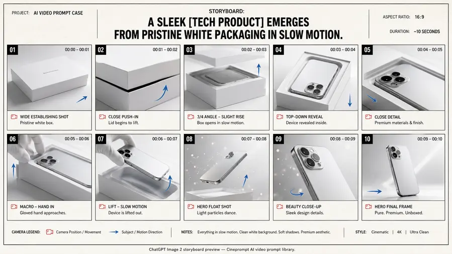 A sleek [tech product] emerges from pristine white packaging in slow motion.
