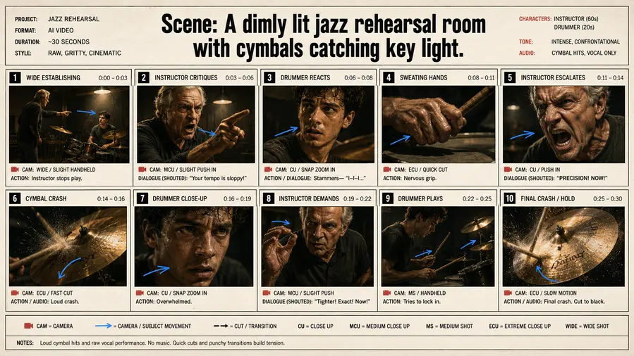 Scene: A dimly lit jazz rehearsal room with cymbals catching key light.