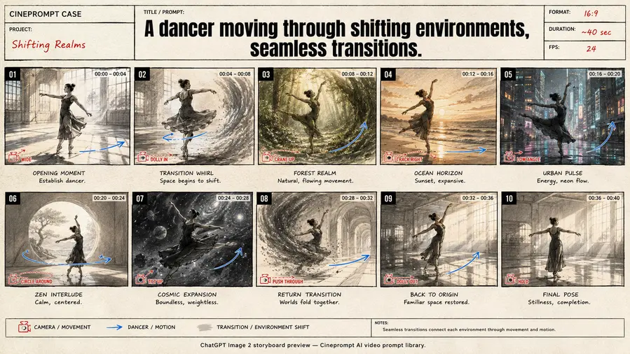 A dancer moving through shifting environments, seamless transitions.