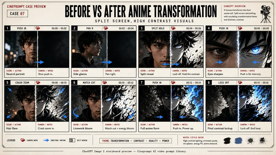 Before vs after anime transformation, split screen, high contrast visuals.