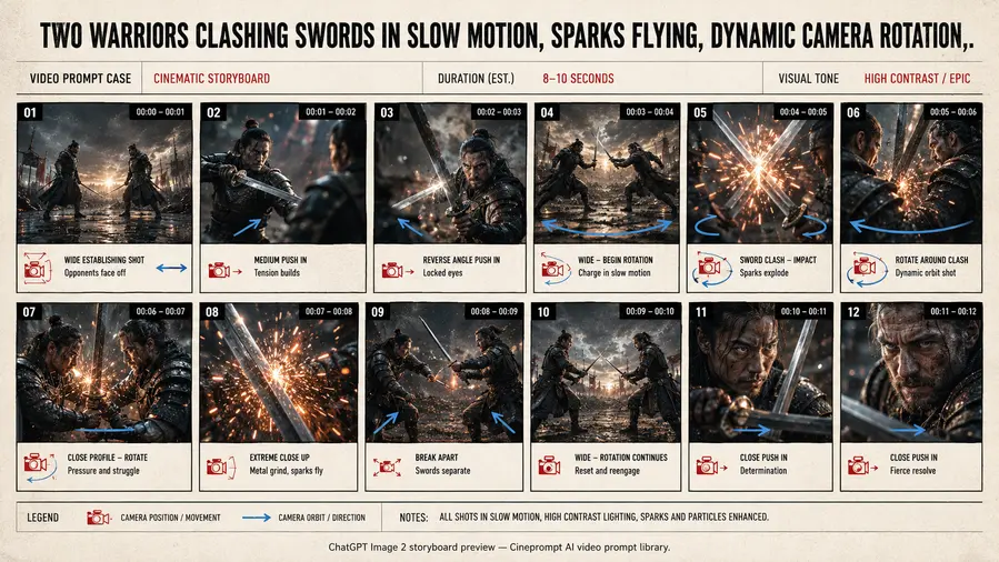 Two warriors clashing swords in slow motion, sparks flying, dynamic camera rotation,.