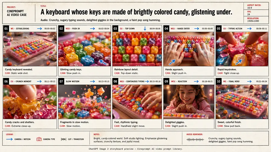 A keyboard whose keys are made of brightly colored candy, glistening under.