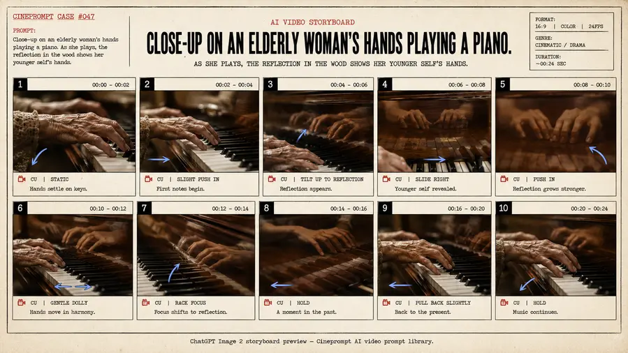 Close-up on an elderly woman's hands playing a piano.