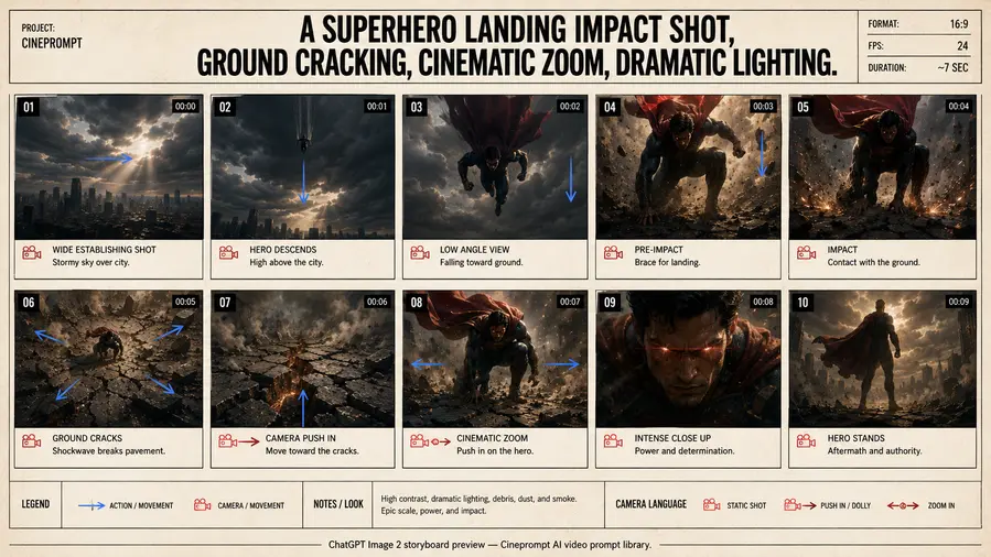 A superhero landing impact shot, ground cracking, cinematic zoom, dramatic lighting.