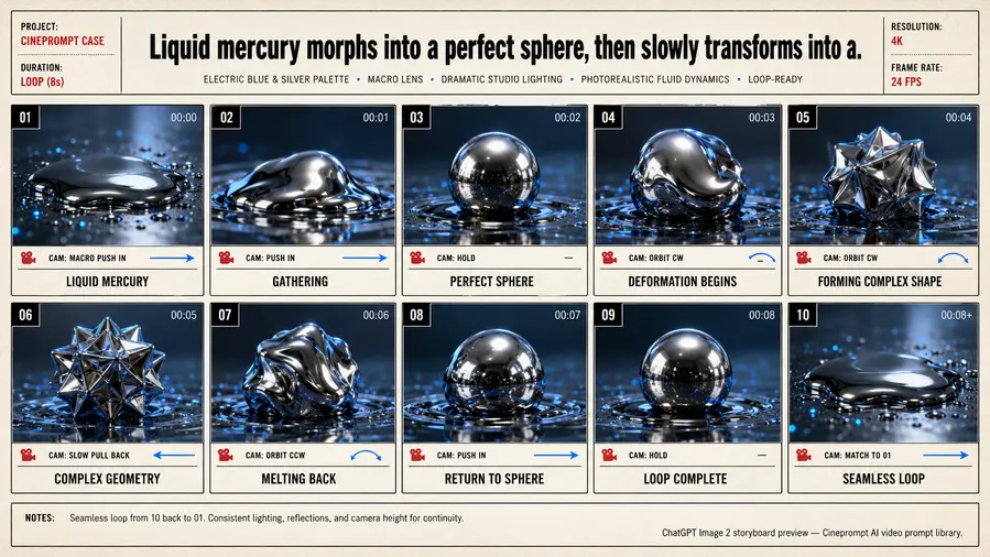 Liquid mercury morphs into a perfect sphere, then slowly transforms into a.