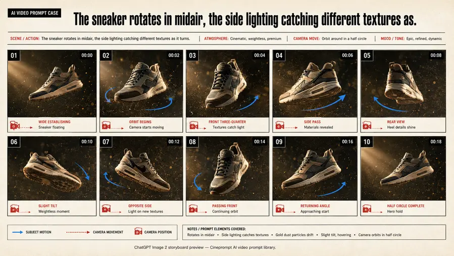 The sneaker rotates in midair, the side lighting catching different textures as.