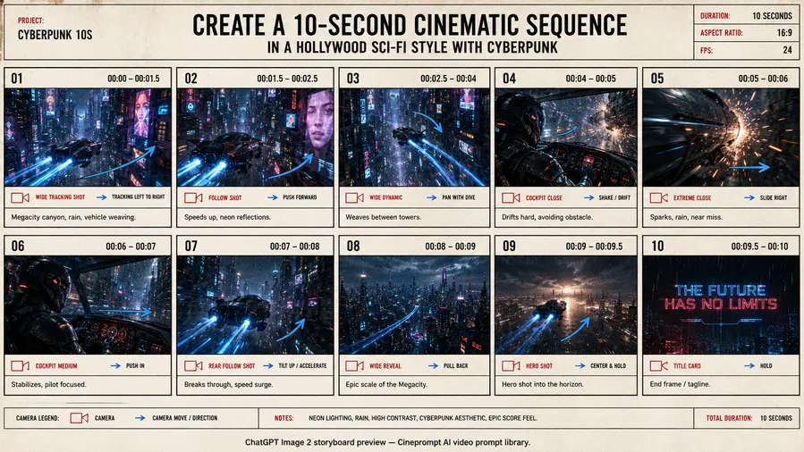 Create a 10-second cinematic sequence in a Hollywood sci-fi style with cyberpunk.