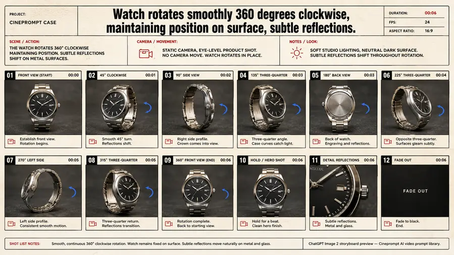 Watch rotates smoothly 360 degrees clockwise, maintaining position on surface, subtle reflections.