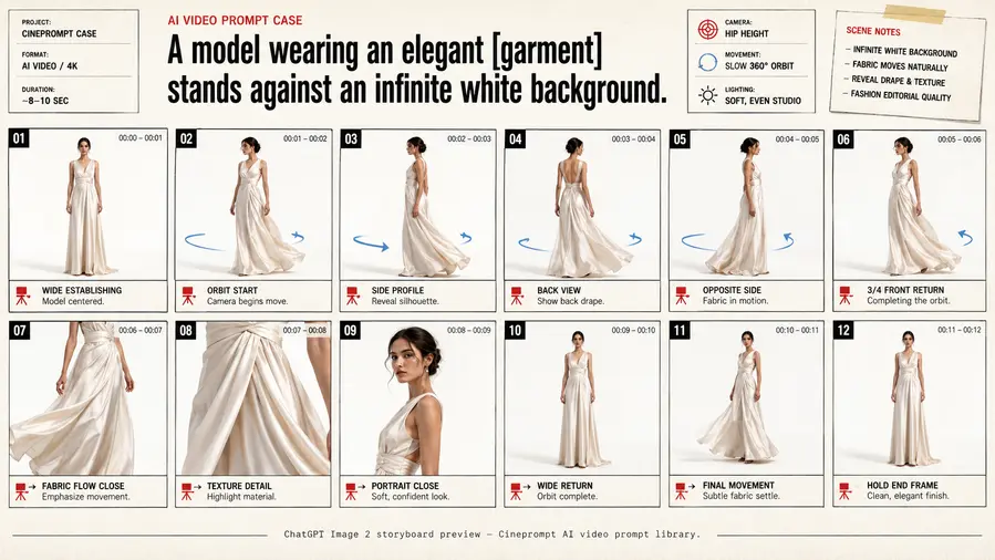 A model wearing an elegant [garment] stands against an infinite white background.
