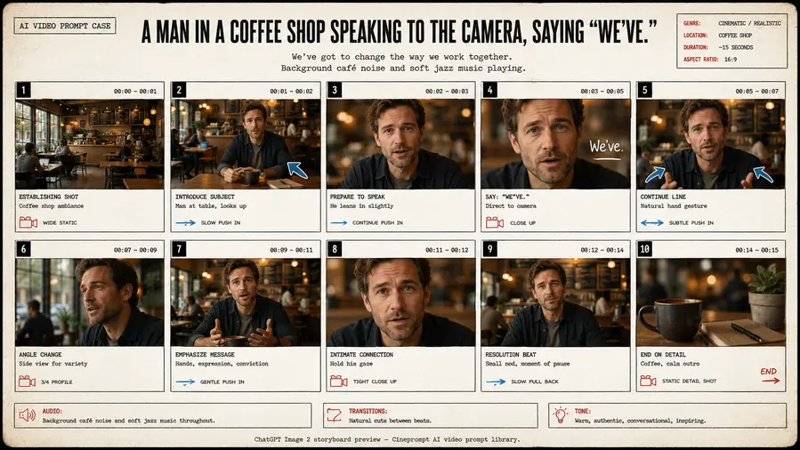 A man in a coffee shop speaking to the camera, saying "We've.