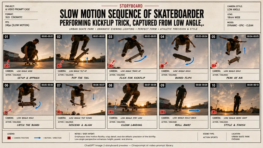 Slow motion sequence of skateboarder performing kickflip trick, captured from low angle,.