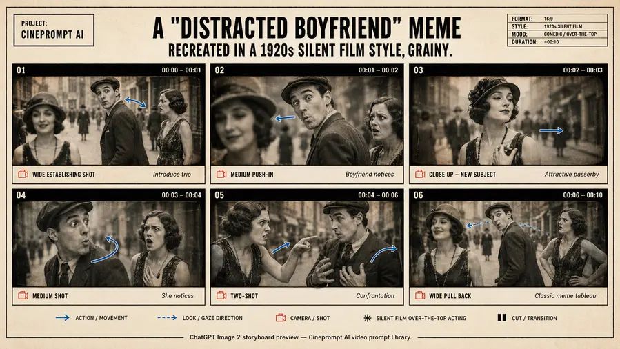 A "Distracted Boyfriend" meme recreated in a 1920s silent film style, grainy.