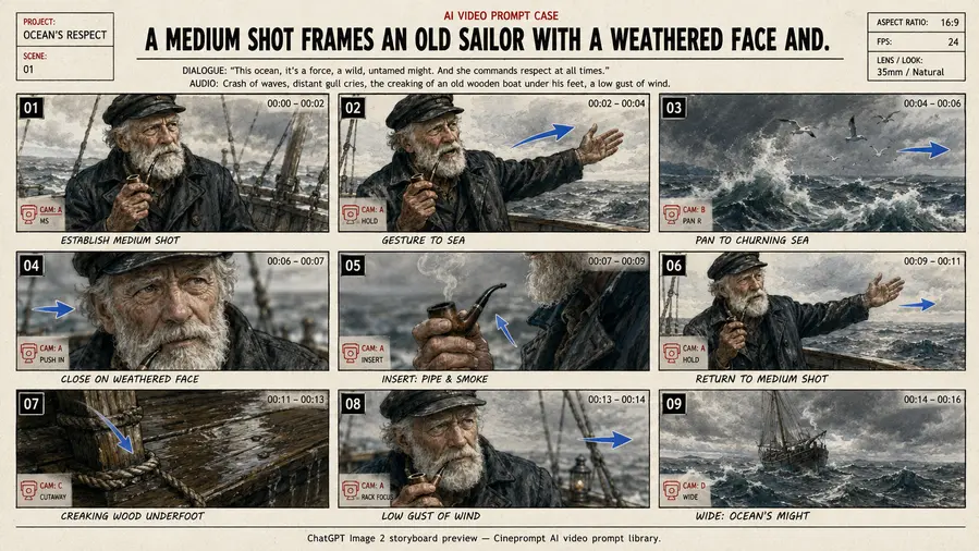 A medium shot frames an old sailor with a weathered face and.